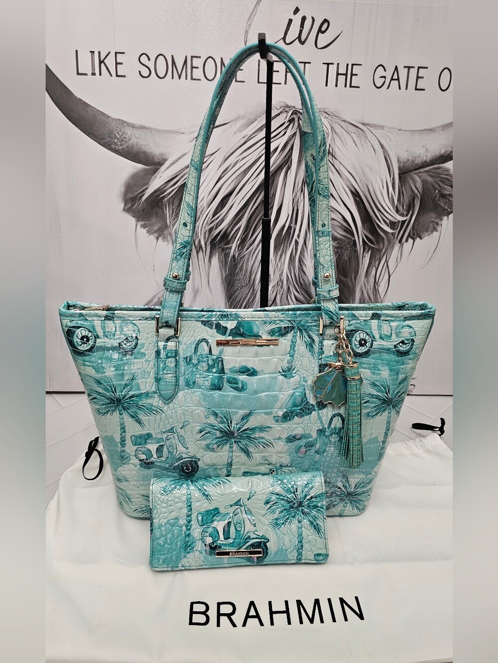 NWT Brahmin Medium Asher Blue Nantucket + Ady Wallet Set w/ Tassel Charm